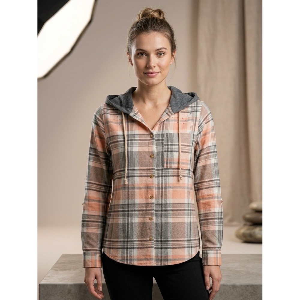 Sabrina Lauren New York Plaid Hooded Flannel Shirt Peach Grey Rhinestone Small